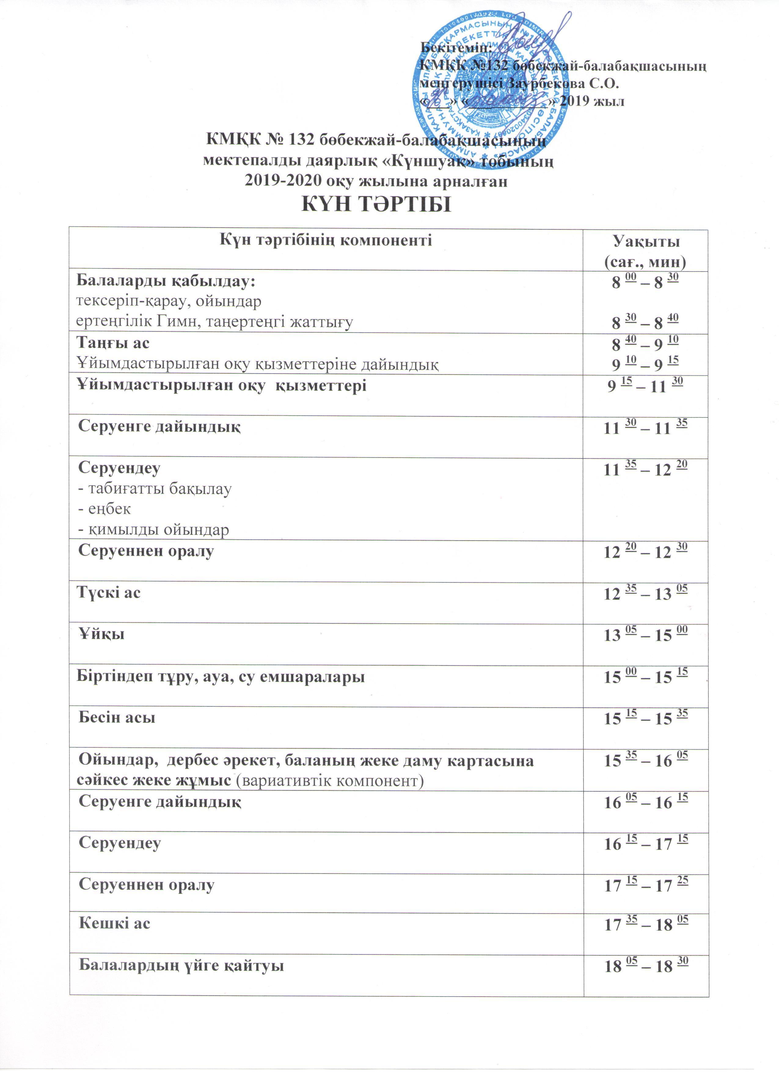 Мектепалды даярлық "Күншуақ" тобының 2019-2020 оқу жылына арналған күн тәртібі.