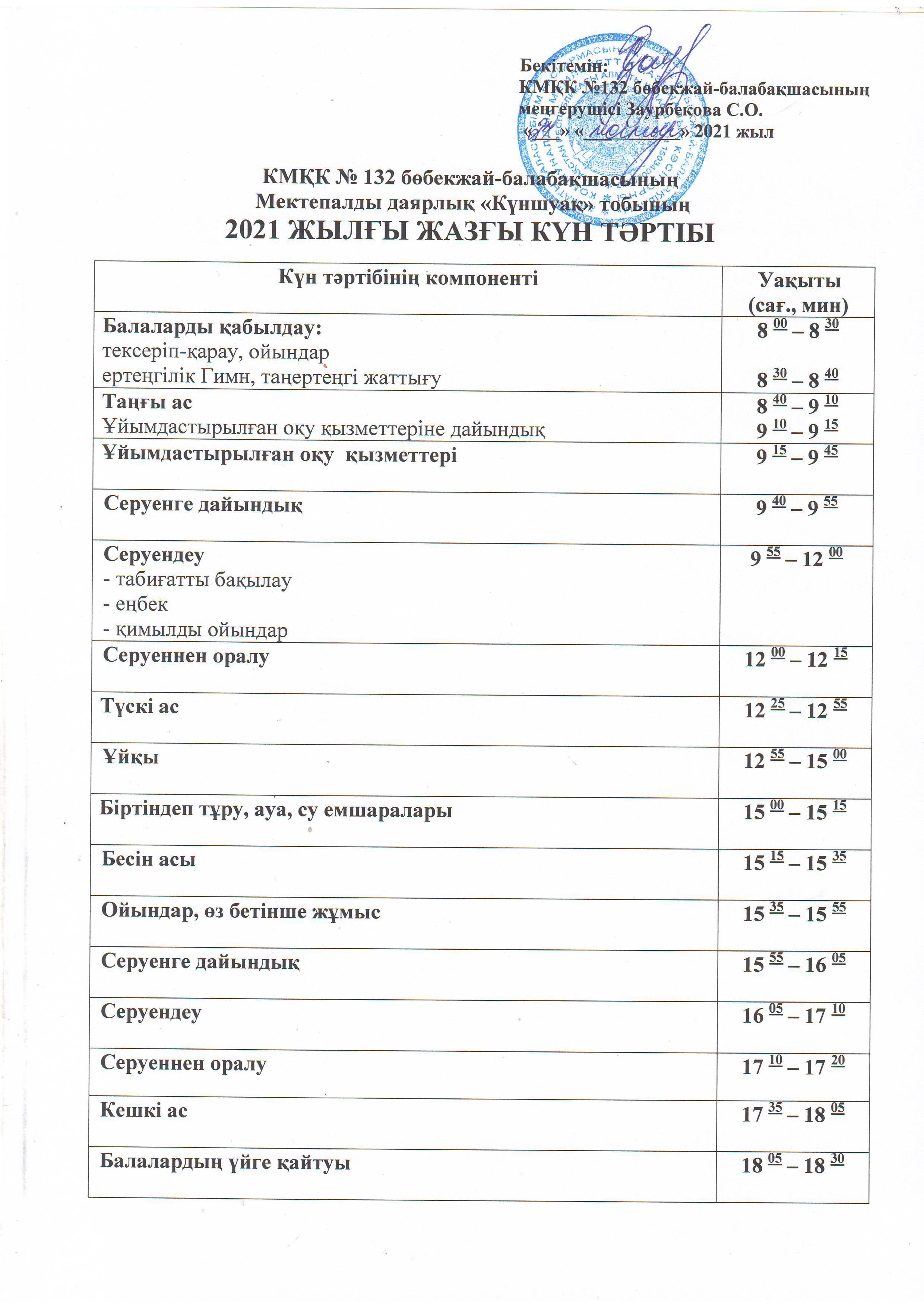 Мектепалды даярлық "Күншуақ" тобы. 2021 жылғы Жазғы күн тәртібі