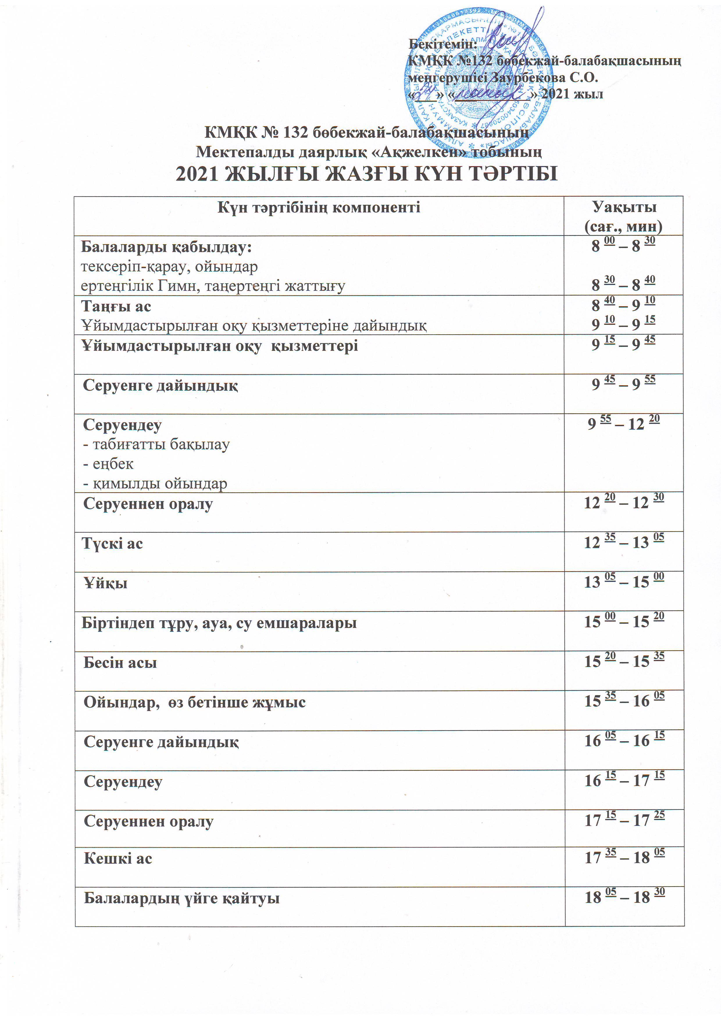 Мектепалды даярлық "Ақжелкен" тобы. 2021 жылғы Жазғы күн тәртібі