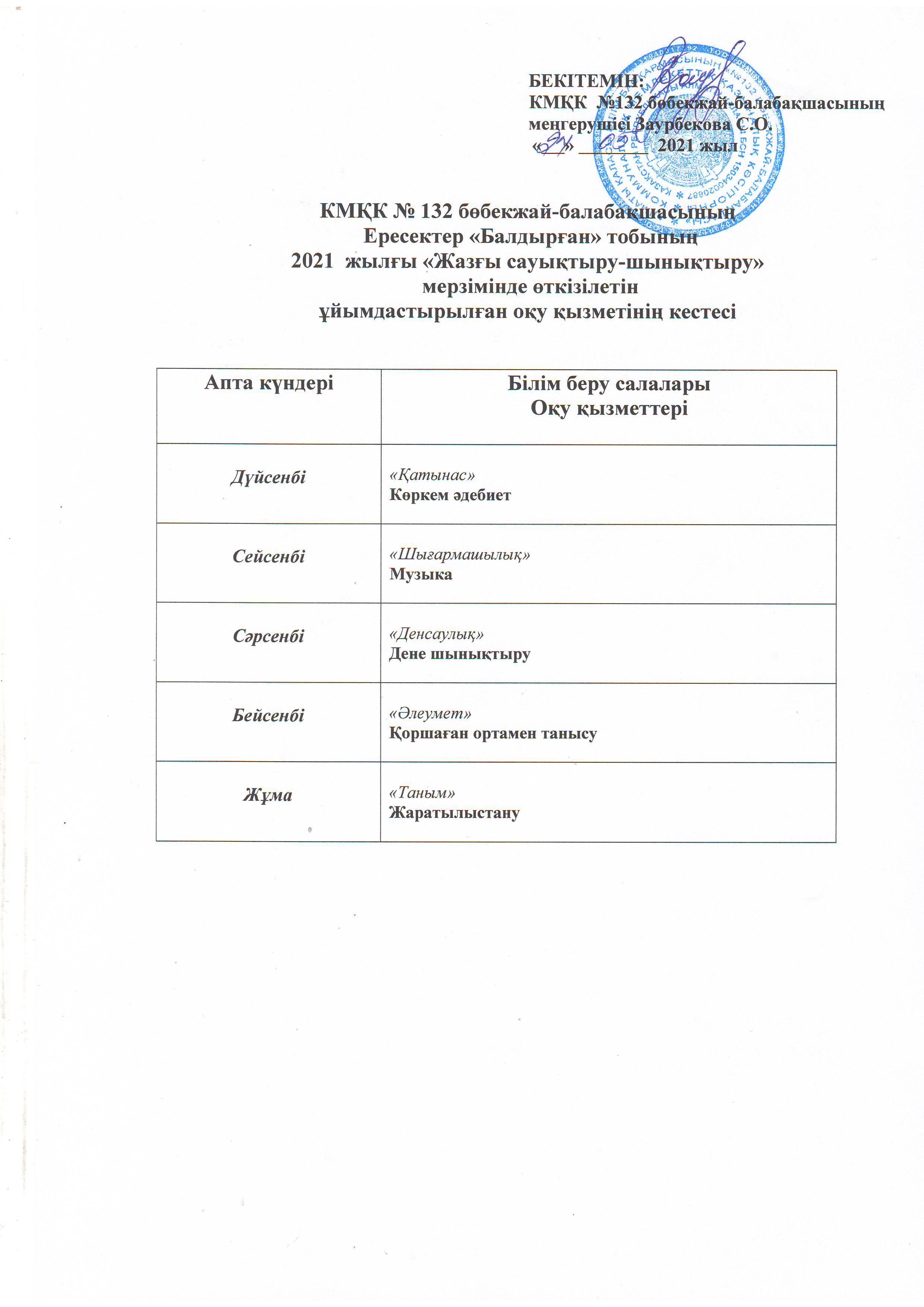 Ересектер "Балдырған" тобының 2021 жылғы "Жазғы сауықтыру-шынықтыру" мерзімінде өткізілетін ұйымдастырылған оқу қызметінің кестесі