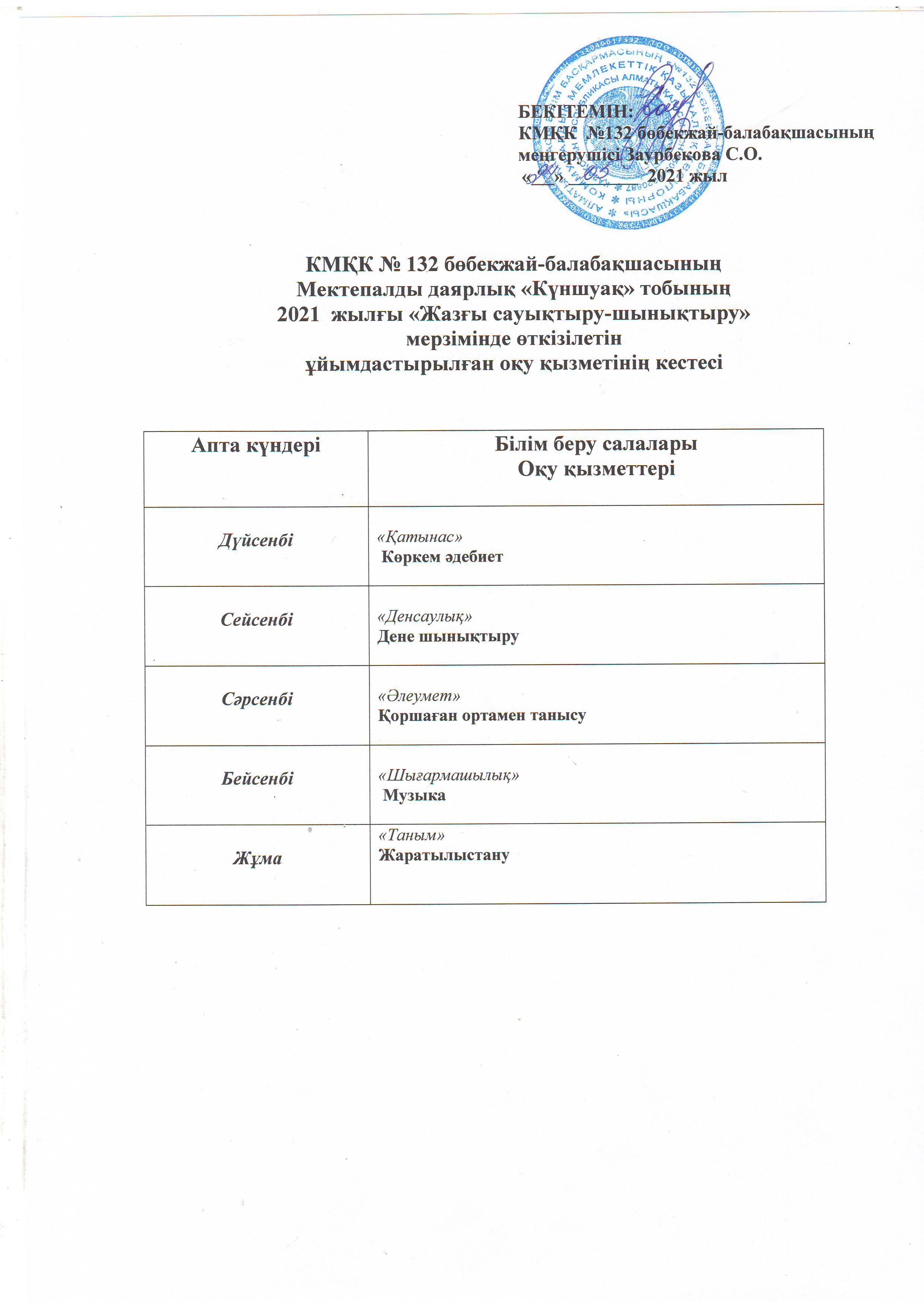 Мектепалды даярлық "Күншуақ" тобының 2021 жылғы "Жазғы сауықтыру-шынықтыру" мерзімінде өткізілетін ұйымдастырылған оқу қызметінің кестесі
