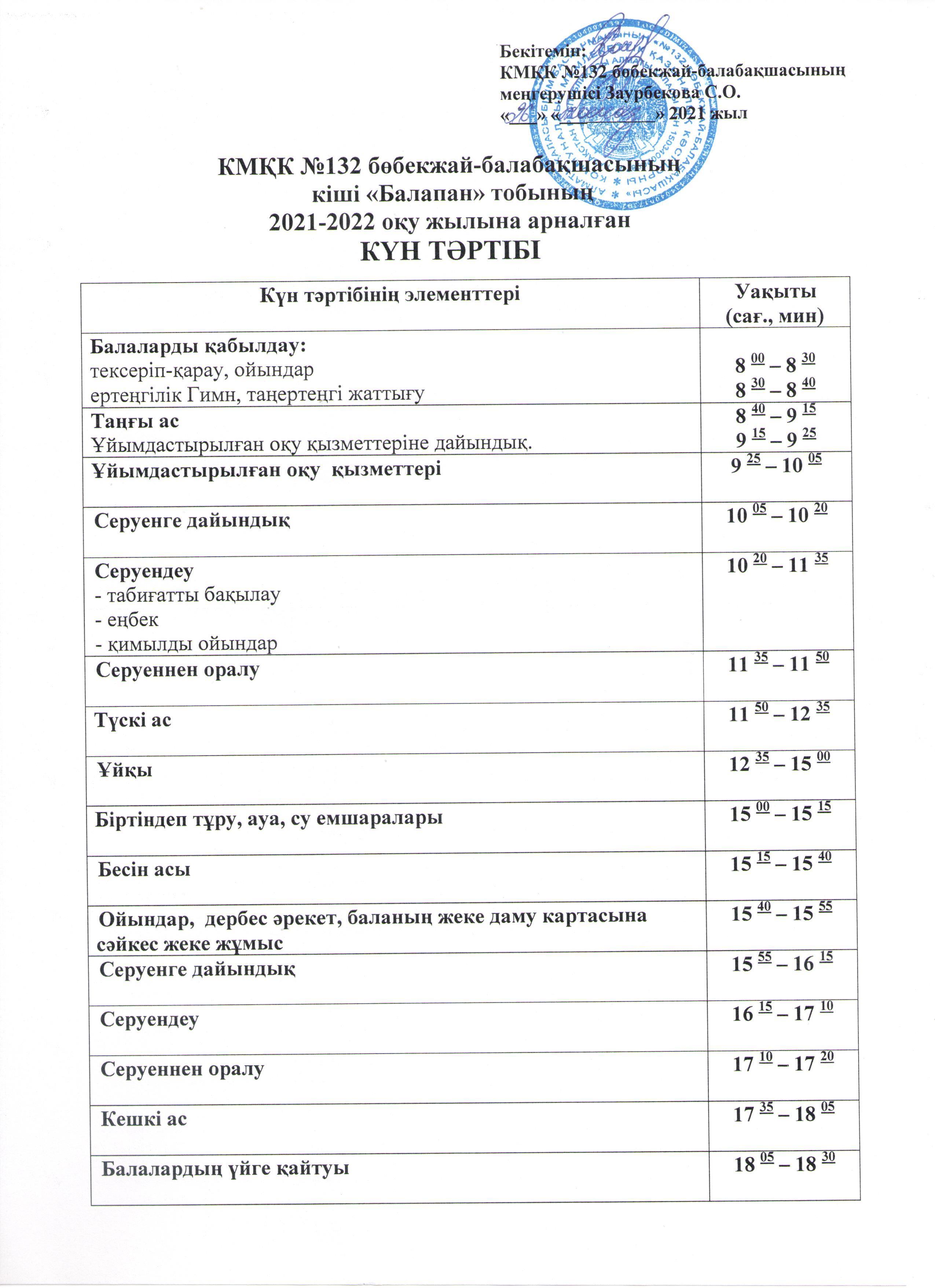 Кіші "Балапан" тобы. 2021-2022 оқу жылының күн тәртібі