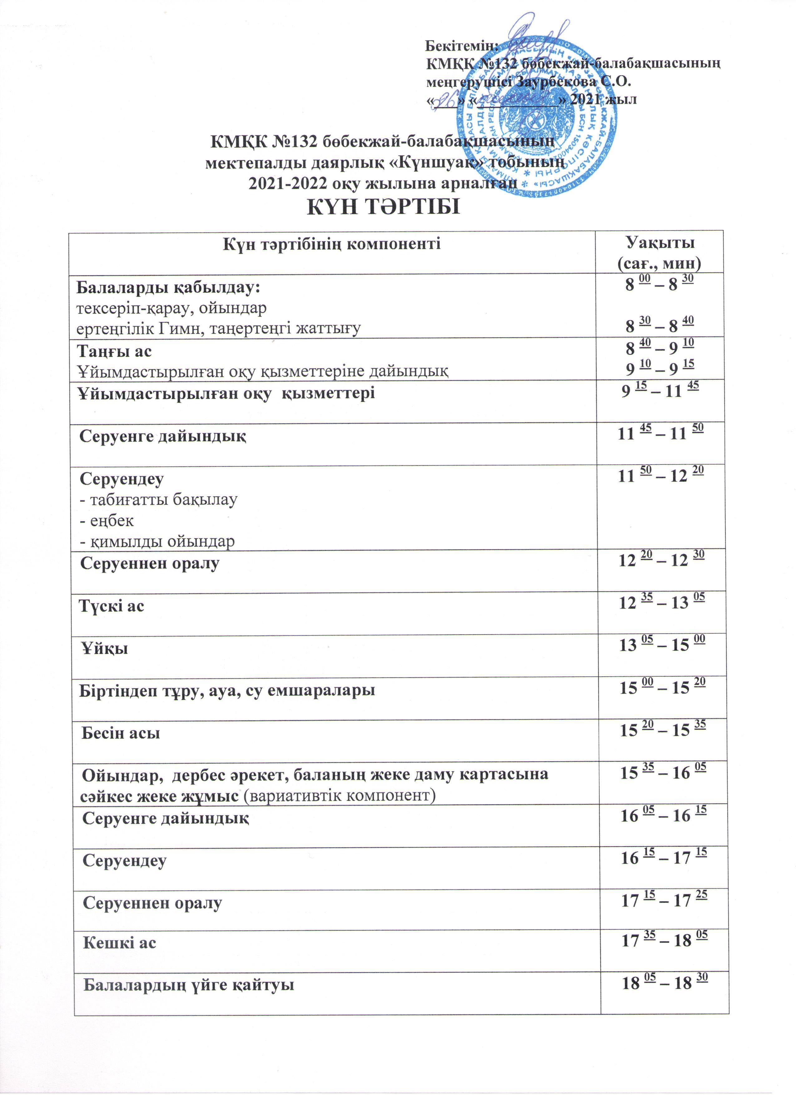 Мектепалды даярлық "Күншуақ" тобы. 2021-2022 оқу жылының күн тәртібі