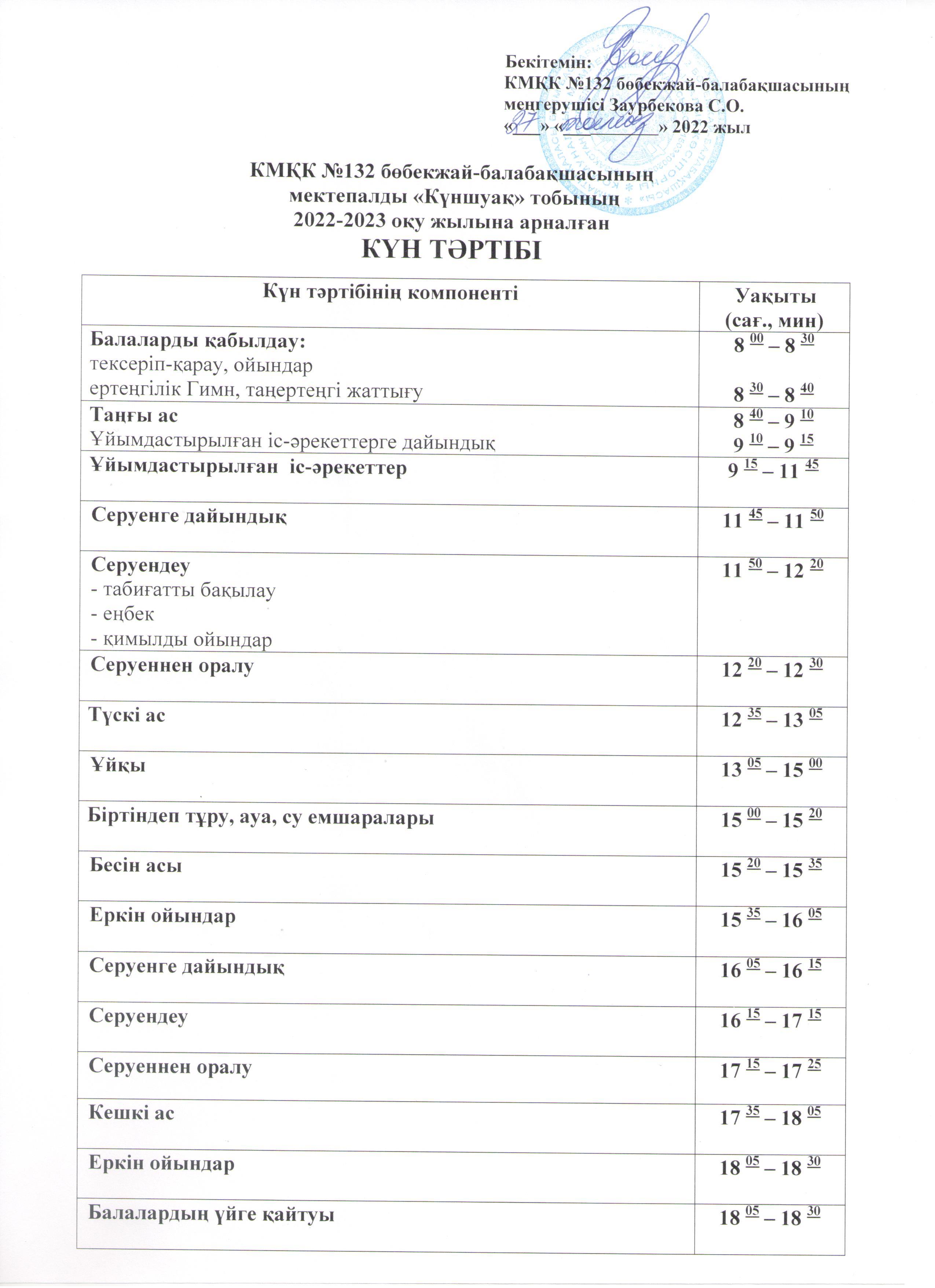 КМҚК №132 бөбекжай-балабақшасының  мектепалды «Күншуақ» тобының 2022-2023 оқу жылына арналған КҮН ТӘРТІБІ