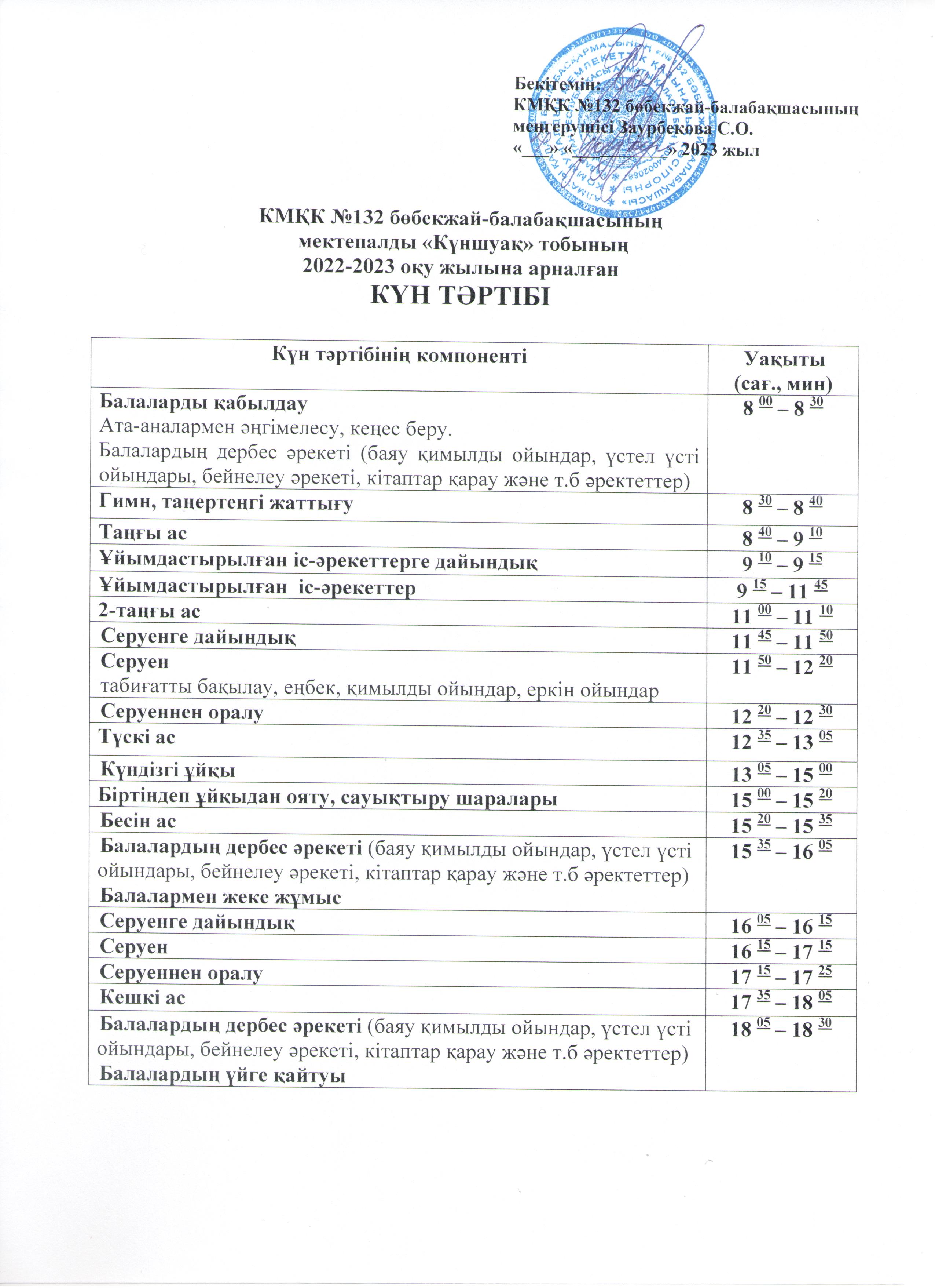 КМҚК №132 бөбекжай-балабақшасының  мектепалды «Күншуақ» тобының 2022-2023 оқу жылына арналған КҮН ТӘРТІБІ