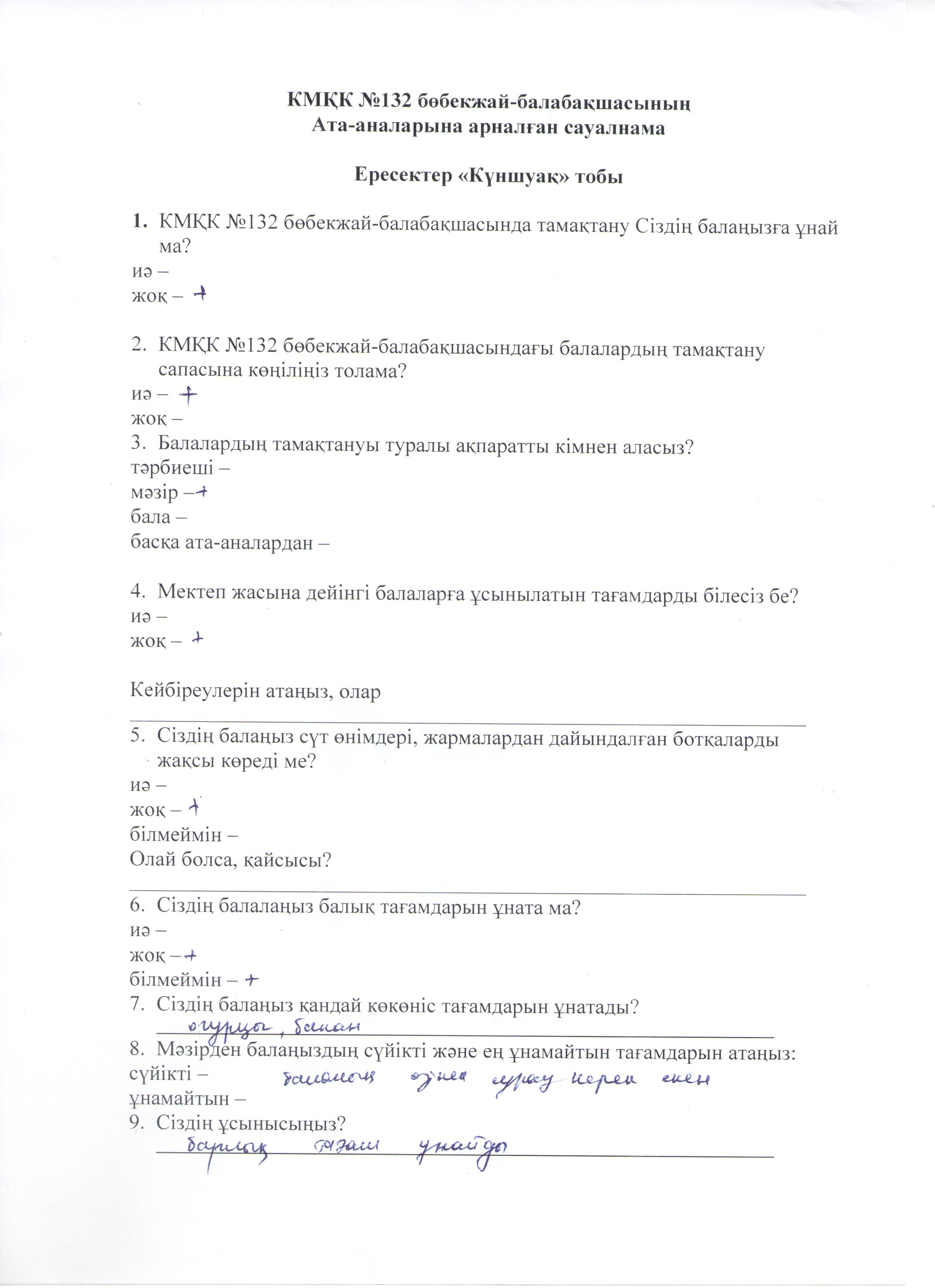 КМҚК №132 бөбекжай-балабақшасының ата-аналарының Меню не байланысты сауалнамасы, ересектер "Күншуақ" тобы